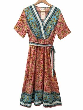 GLM Floral V-Neck Midi Dress Womens Sz XL Pink Blue Rayon Waist Tie Flowy Boho